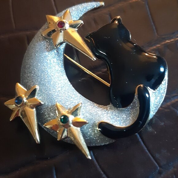 Ciro Black Cat & The Moon w/ Stars Vintage Brooch - Picture 5 of 9